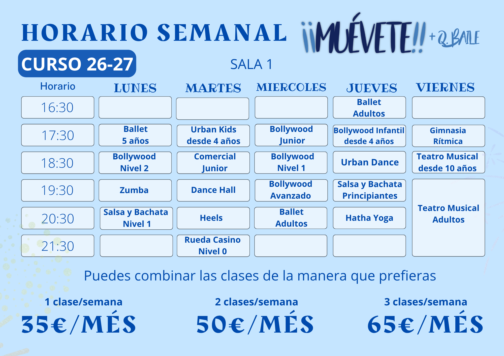 Horario semanal Sala 1 — Muévete Más Que Baile
