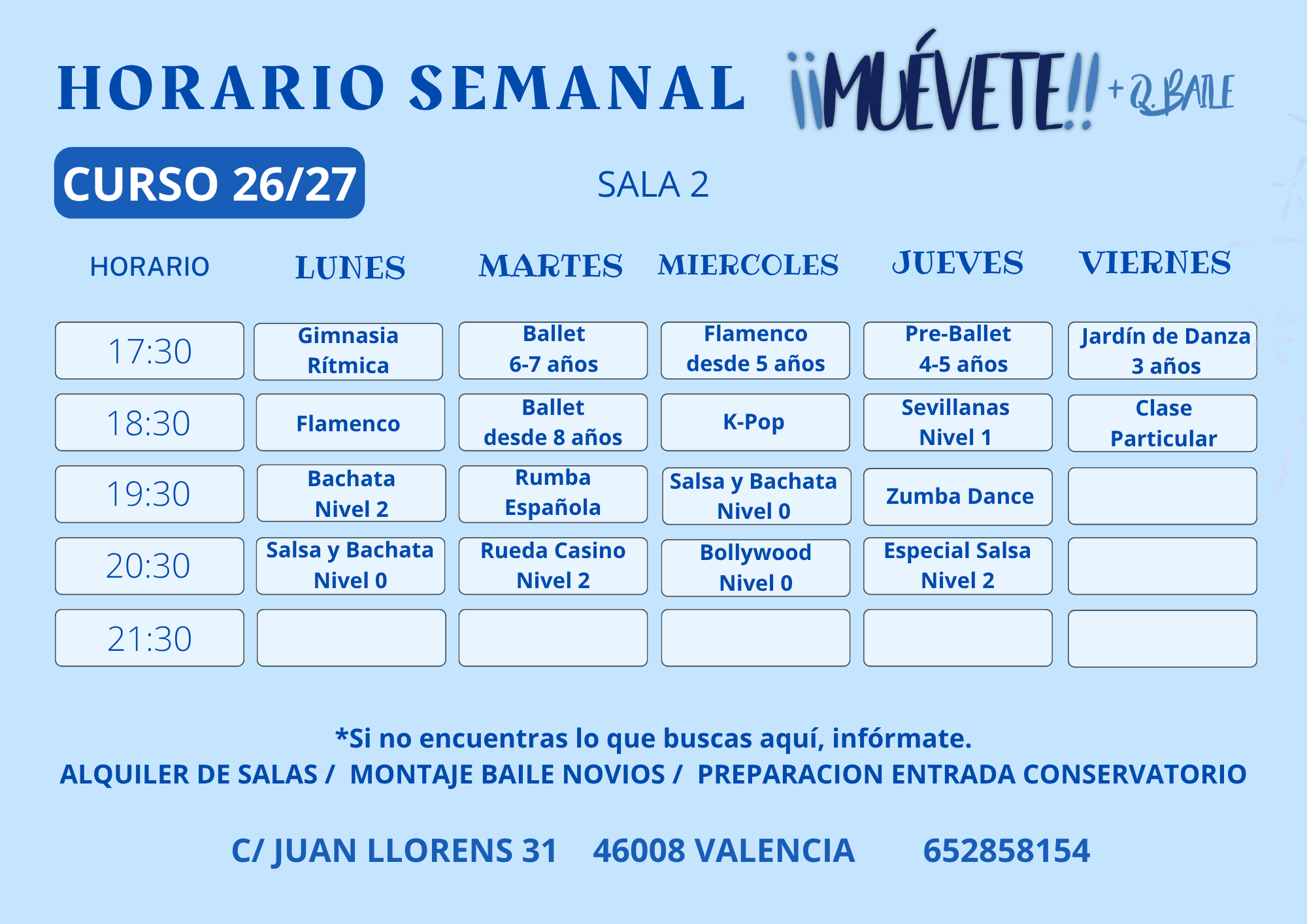 Horario semanal Sala 2 — Muévete Más Que Baile
